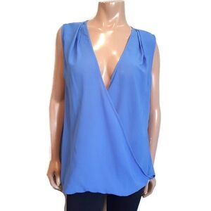 Japna Sleeveless Wrap Top Split Back Pleated Blue Womens Plus Size 1X